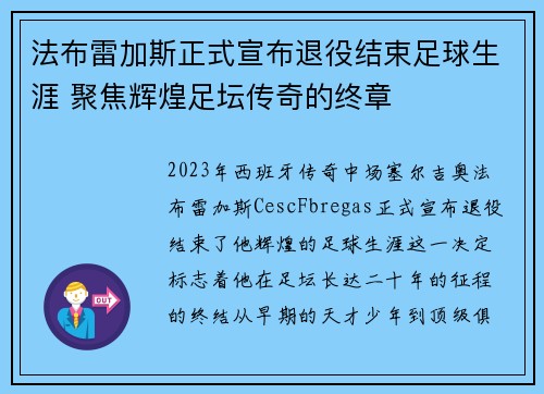 法布雷加斯正式宣布退役结束足球生涯 聚焦辉煌足坛传奇的终章 法布雷加斯正式宣布退役结束足球生涯 聚焦辉煌足坛传奇的终章